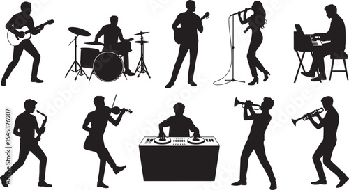 Black Silhouettes Musicians Band Performing Instruments Guitar Drums Saxophone Violin Trumpet Keyboard Singer D J