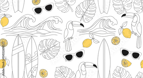 Summer themed pattern with toucans surfboards lemons waves sunglasses and monstera leaves.
