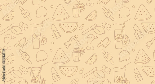Summer themed pattern with watermelon slices lemonade ice cream and lemon outlines.