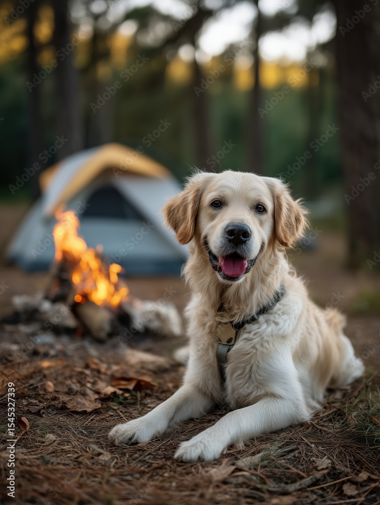 Campfire and pet dog in forest tent Campfire and pet dog in forest tent
