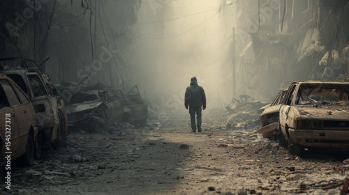 Dust-Covered Lone Figure Walking Through a Desolate, War-Torn Cityscape