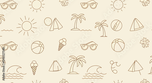 Summer themed seamless pattern with beach elements in outline style.