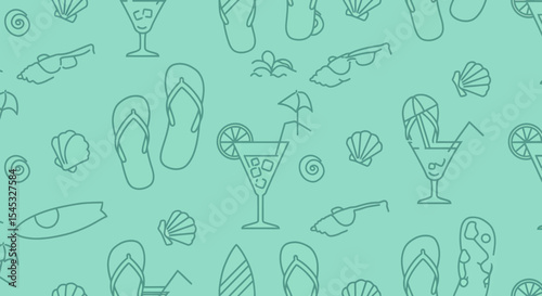 Summer themed seamless pattern with cocktails flipflops shells and surfboards.