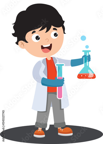 Cartoon boy scientist using a microscope in school lab setting