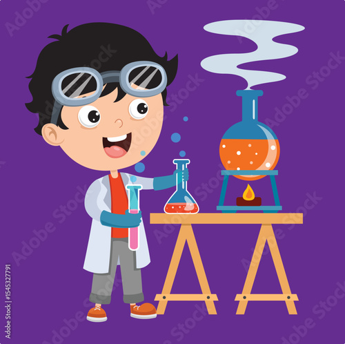 Cartoon woman scientist working with microscope in laboratory setting