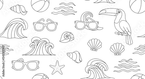 Summer themed seamless pattern with toucan sunglasses waves shells and beach ball.