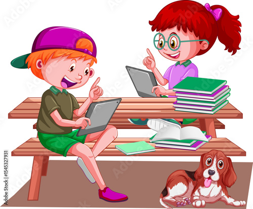 boy & Girl Vector illustrations Group studies time