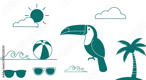 Teal Toucan with Beach Ball Palm Tree Sun Clouds Waves and Sunglasses.