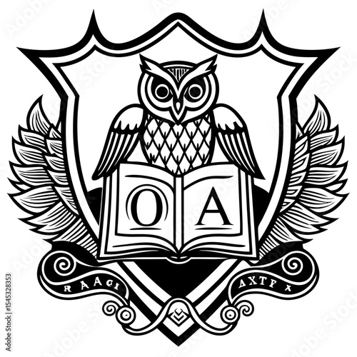 Owl perched on open book with wings and shield isolated on white