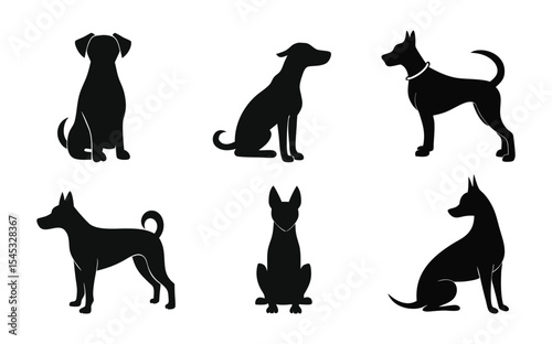 Six dog silhouettes in different poses