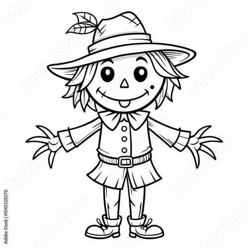 Cartoon scarecrow character with hat isolated on white background