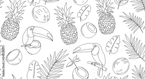 Tropical Line Art Pattern Pineapples Coconuts Toucans and Palm Leaves.