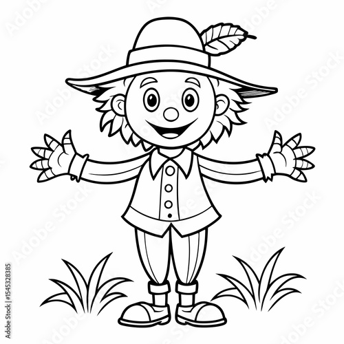 Cartoon scarecrow character with grass isolated on white background