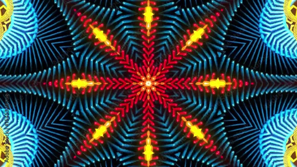 A symmetrical blue geometric pattern featuring concentric circles and triangular shapes.