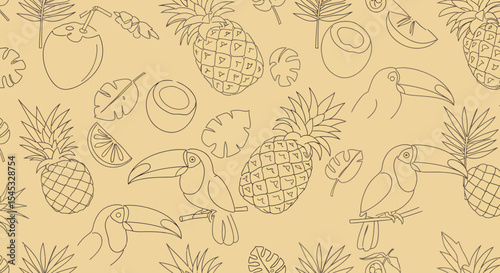 Tropical Outlined Pattern with Toucans Pineapples Coconuts and Palm Leaves 1.