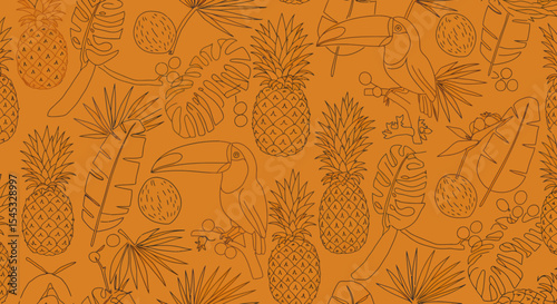 Tropical Pattern with Toucans Pineapples Coconuts and Palm Leaves in Line Art Style.