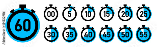 Stopwatch timer countdown clock set with 0 to 60 minutes in cyan color vector illustration. Best for timers, countdown, health fitness, marketing and app Ui graphics. Stopwatch icons flat vector.