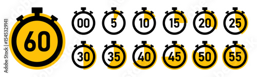 Stopwatch timer countdown clock set with 0 to 60 minutes in yellow color vector illustration. Best for timers, countdown, health fitness, marketing and app Ui graphics. Stopwatch icons flat vector.