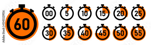 Stopwatch timer countdown clock set with 0 to 60 minutes in orange color vector illustration. Best for timers, countdown, health fitness, marketing and app Ui graphics. Stopwatch icons flat vector.
