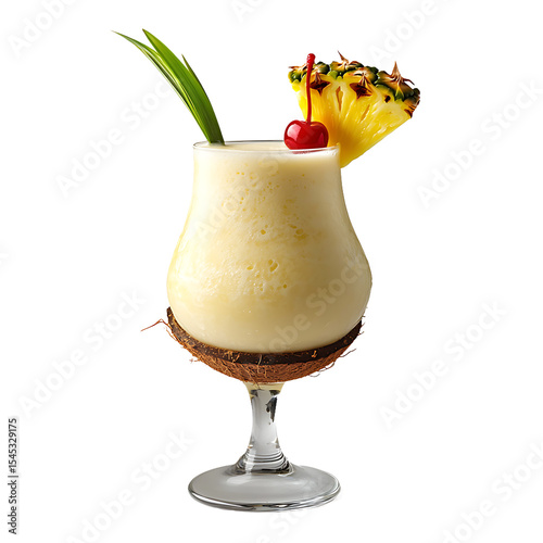 Tropical Pina Colada in a Glass with Pineapple and Cherry Garnish