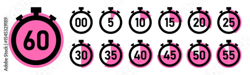 Stopwatch timer countdown clock set with 0 to 60 minutes in pink color vector illustration. Best for timers, countdown, health fitness, marketing and app Ui graphics. Stopwatch icons flat vector.