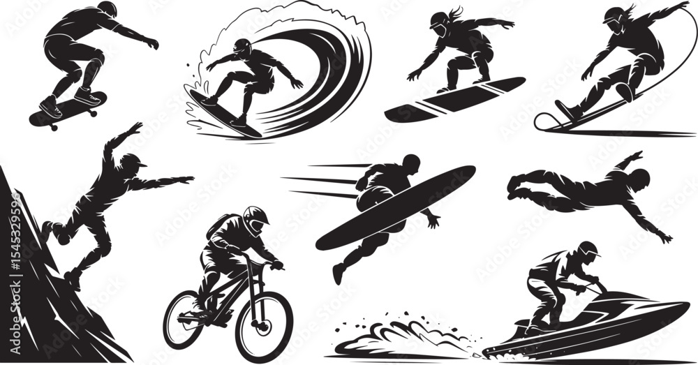 Fototapeta premium Extreme Sports Silhouettes Collection Skateboarding Snowboarding Surfing B M X Jet Skiing Cliff Diving Action