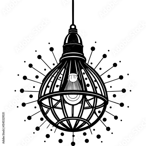 Hanging cage lamp with radiating dots isolated on white background