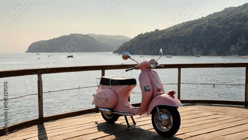 Vintage 1950s Vespa in soft dusty rose pink stands on a sun-bleached wooden boardwalk, peaceful bay and gentle hills creating a dreamy retro atmosphere. photo