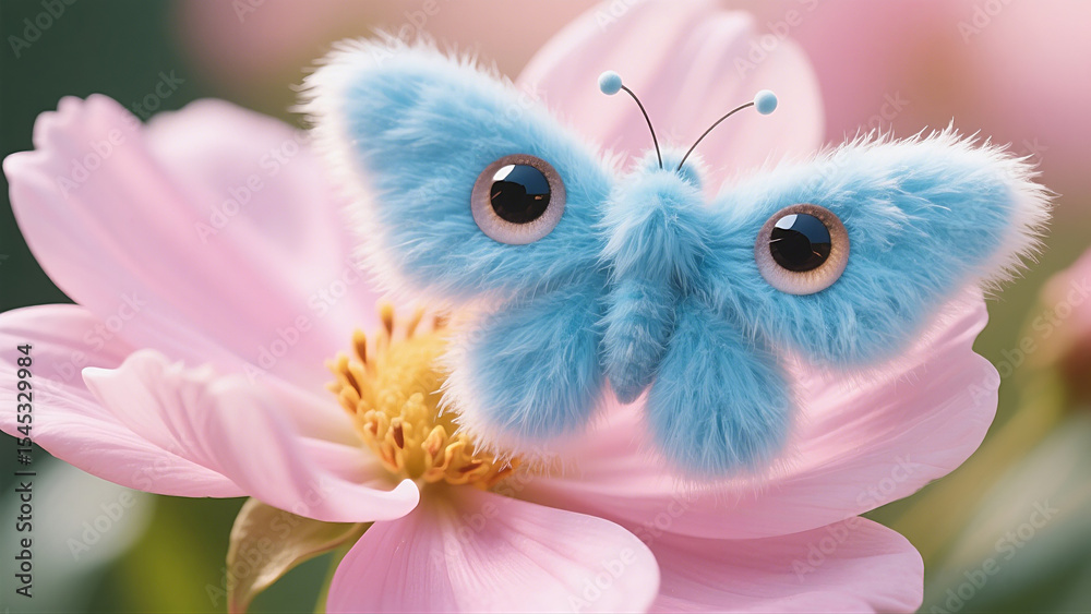 Obraz premium A fuzzy blue butterfly with wide cartoon eyes and soft antennae rests on a blooming pink flower—radiating fantasy charm and plush-like wonder