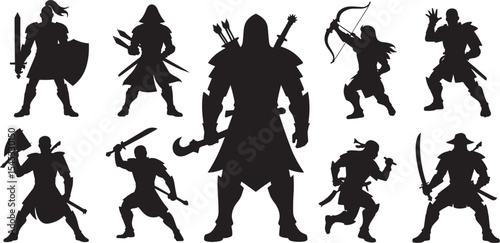 Nine Black Silhouettes of Fantasy Warriors Medieval Knights Archers Swordsmen Armed Combat vector