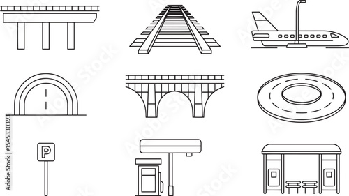 Nine Simple Line Drawings of Transportation Infrastructure Elements Including Bridges Tunnels Roads and Airplane
