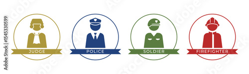 Judge, Police, Soldier, Firefighter icon set illustration vector. Inside circle version.
