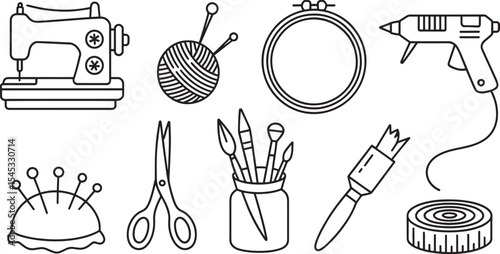 Sewing Machine Yarn Ball Needles Scissors Embroidery Hoop Glue Gun Paint Brushes Craft Tools vector