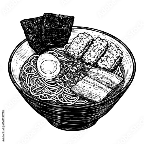 Japanese Ramen Bowl with Chicken Karaage Egg and Nori Seaweed Black and White Outline Line Art Drawing