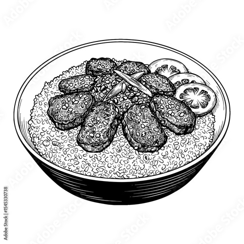 Hearty Lamb Meat Fried Rice Meal in a Bowl with Garnish Detailed Black and White Outline Line Art Drawing