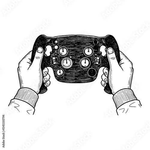 Dynamic View of Two Hands Gripping a Modern F1 Steering Wheel Black and White Outline Line Art Drawing