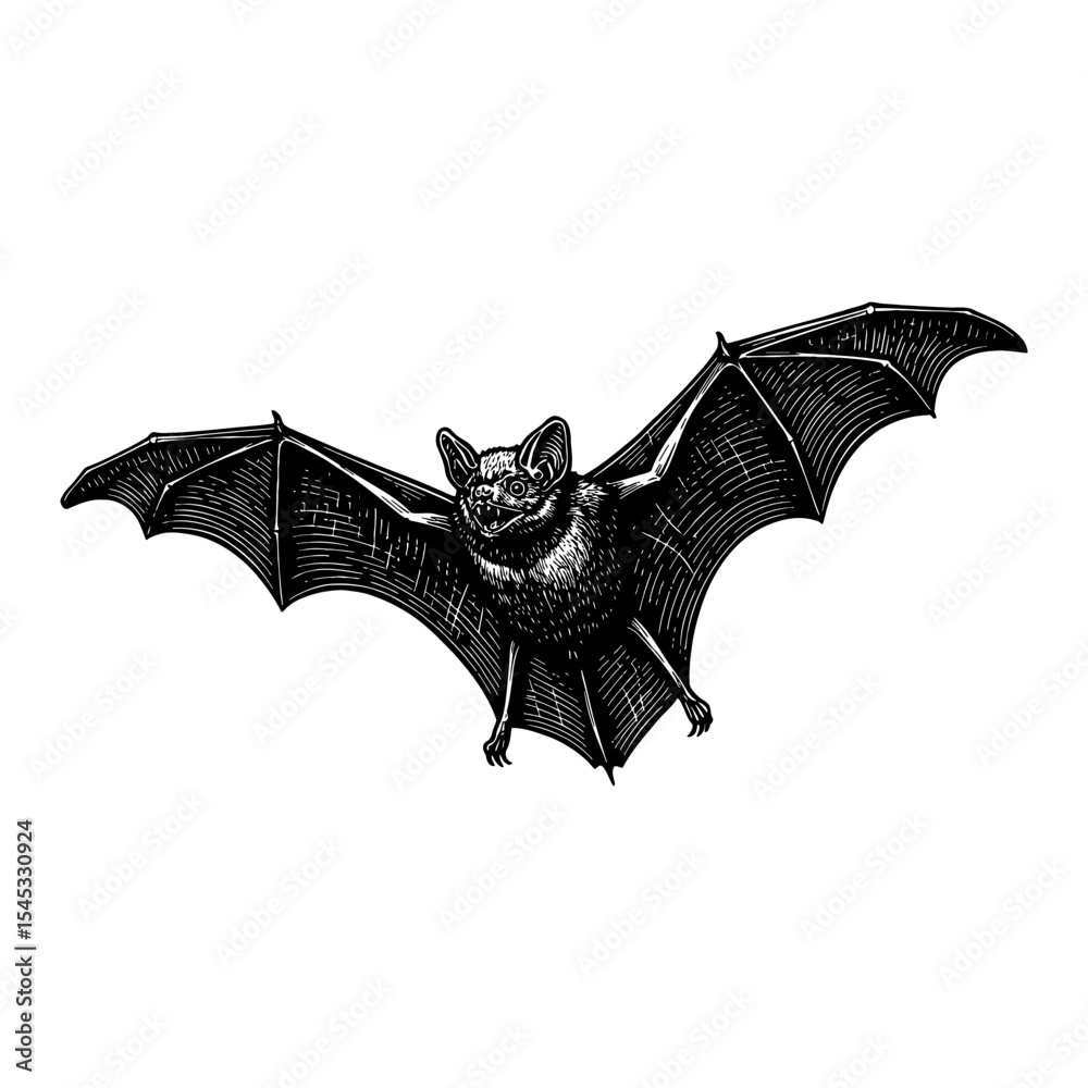 Fototapeta premium Flying Bat Detailed Black and White Outline Line Art Drawing Isolated Vintage Retro Style Animal Illustration