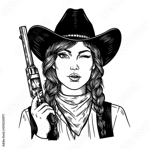 Flirty Cowboy Lady Winking One Eye Closed Holding a Gun Black and White Outline Line Art Drawing