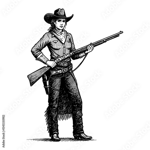 Cowboy Lady with Vintage Rifle Gun Standing Full Body Pose Black and White Outline Line Art Drawing