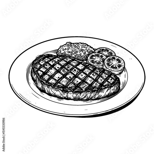 Delicious Cooked Steak Served on a Plate with Vegetables and Garnish Black and White Outline Line Art Drawing
