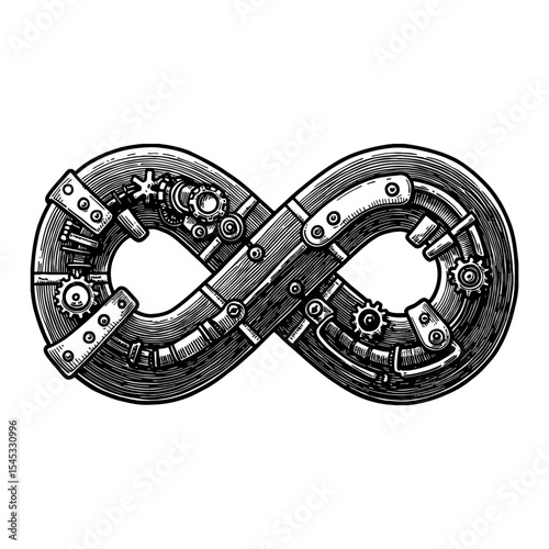 Intricate Detailed Steampunk Infinity Symbol with Gears Pipes Rivets Black and White Outline Line Art Drawing