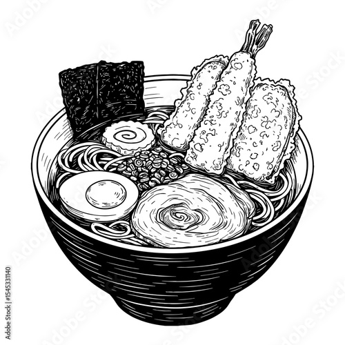 Japanese Ramen with Tempura Noodles Egg Nori in a Bowl Black and White Outline Line Art Drawing