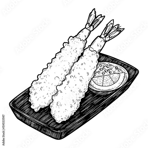 Delicious Japanese Tempura Shrimp on Plate with Lemon Wedge and Sauce Black and White Outline Line Art Drawing