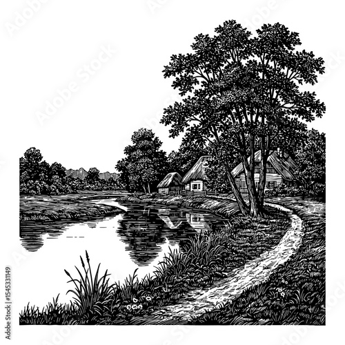 Panoramic River Bank Landscape with Trees and Village Houses Reflecting in Water Black and White Outline Line Art Drawing