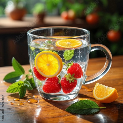 summer tea with berries mint and lemon on a wooden table. Rays of sun