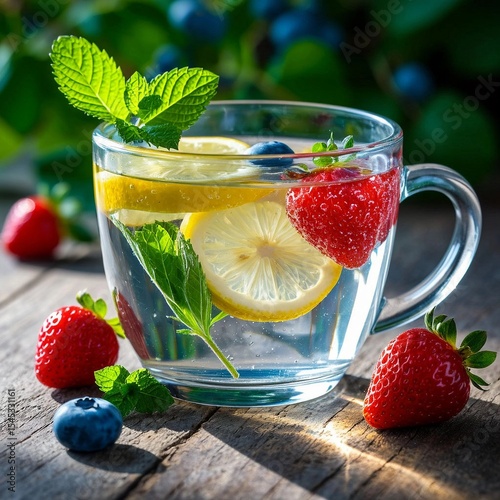 summer tea with berries mint and lemon on a wooden table. Rays of sun