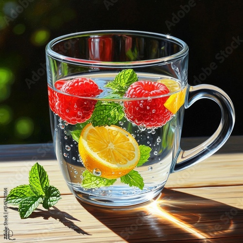summer tea with berries mint and lemon on a wooden table. Rays of sun