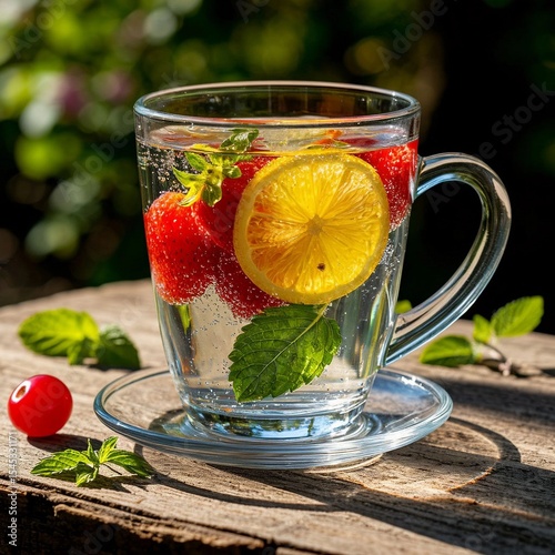 summer tea with berries mint and lemon on a wooden table. Rays of sun