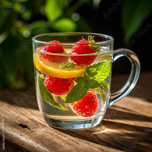 summer tea with berries mint and lemon on a wooden table. Rays of sun
