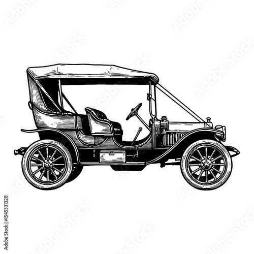 Vintage 1900s Automobile Side View Car Black and White Outline Line Art Drawing Old Antique Vehicle Transport